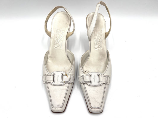 Salvatore Ferragamo back strap leather pumps in white, size 8.5.
