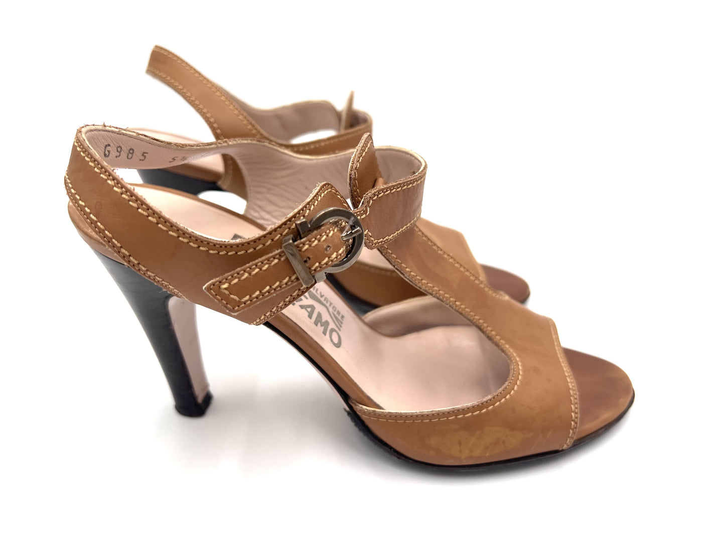 Salvatore Ferragamo T-strap leather sandals in brown, size 5 1/2.