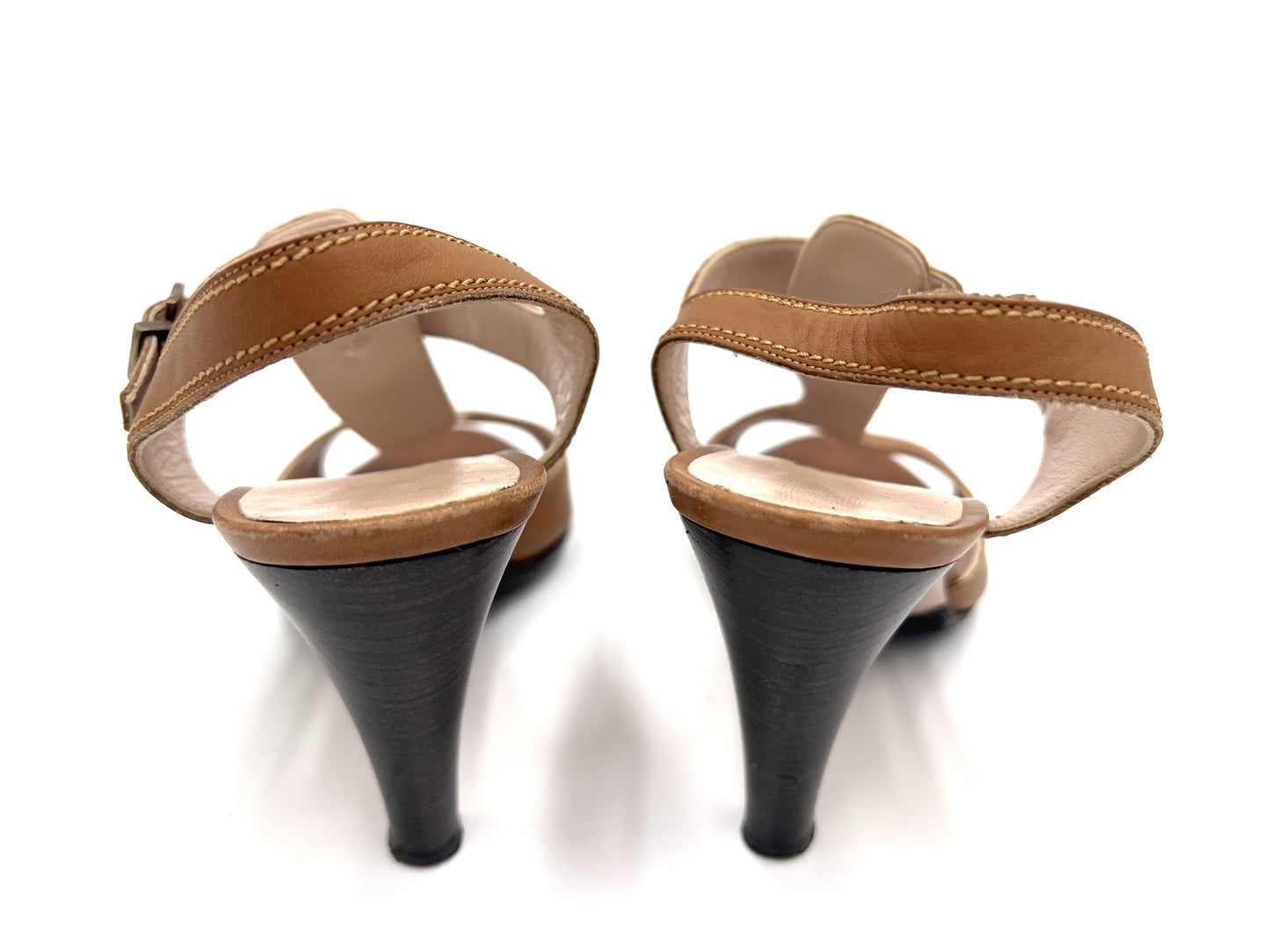 Salvatore Ferragamo T-strap leather sandals in brown, size 5 1/2.