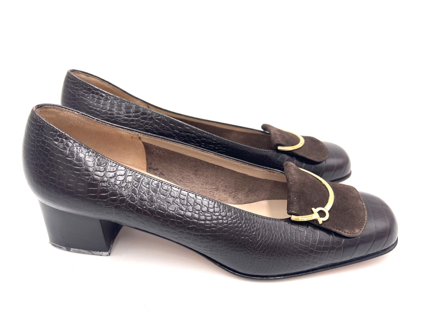 Salvatore Ferragamo Salvatore Ferragamo Crocodile-effect Dark Brown 8 1/2 Pumps