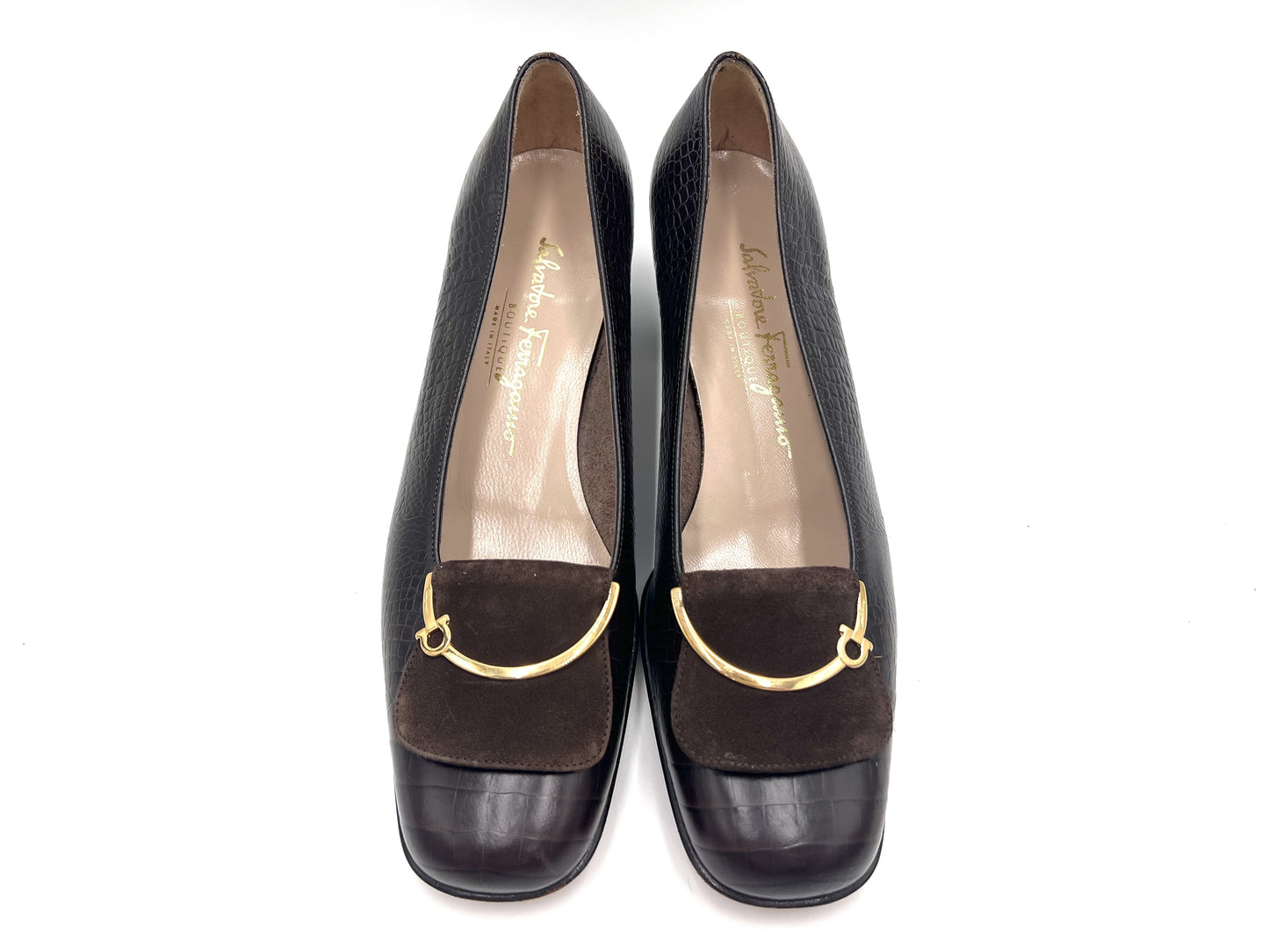 Salvatore Ferragamo Salvatore Ferragamo Crocodile-effect Dark Brown 8 1/2 Pumps