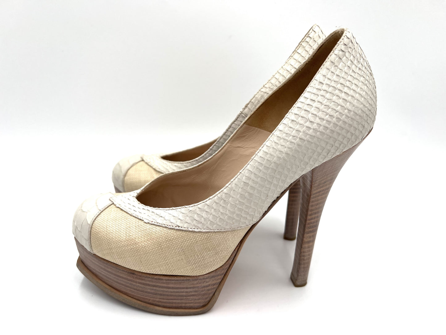 FENDI Python Canvas High Heel Pumps in White and Beige, Size 37