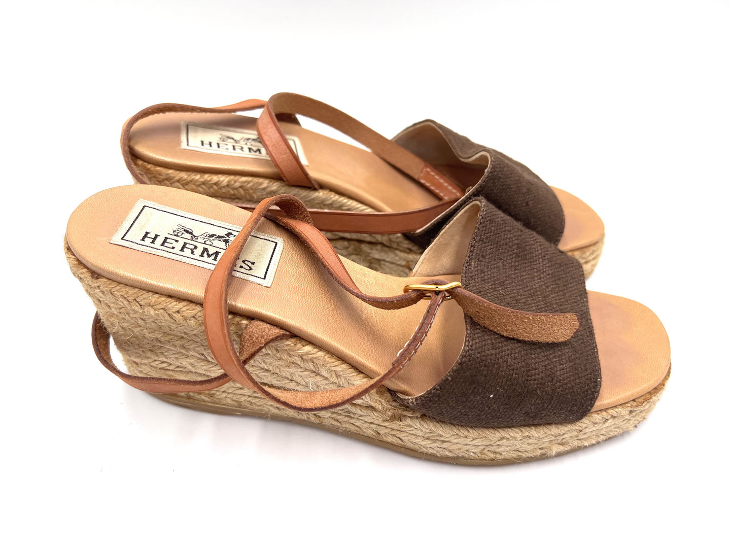 HERMES Wedge Sandals, Brown, 23cm Sole