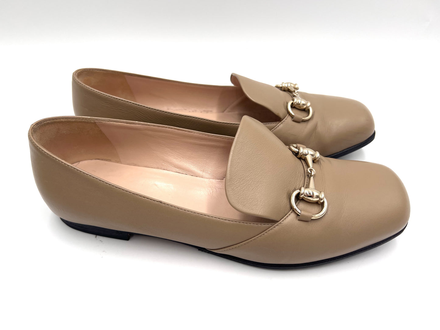 GUCCI Leather Horsebit Loafers, Beige, Size 38 1/2