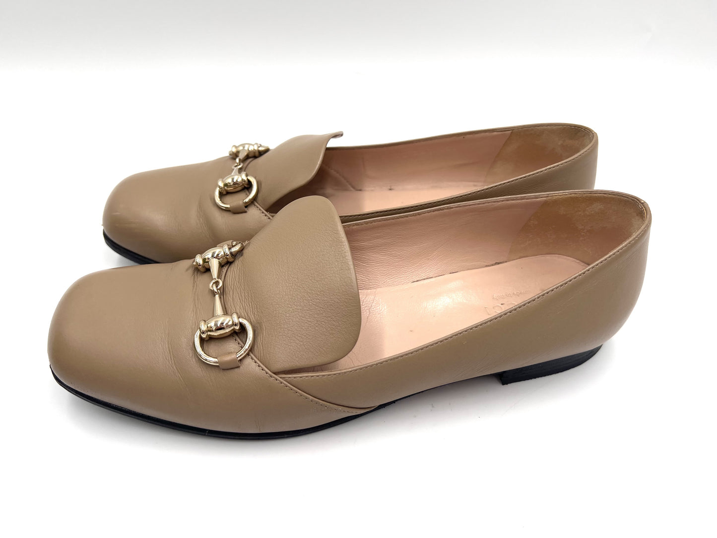 GUCCI Leather Horsebit Loafers, Beige, Size 38 1/2