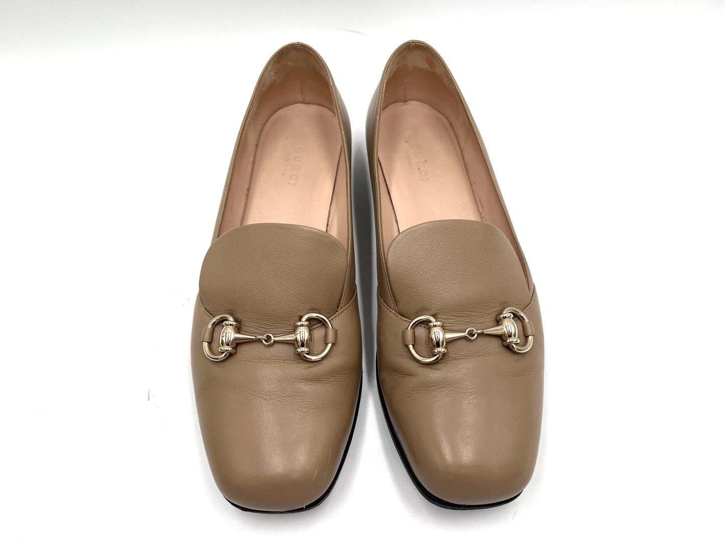 GUCCI Leather Horsebit Loafers, Beige, Size 38 1/2