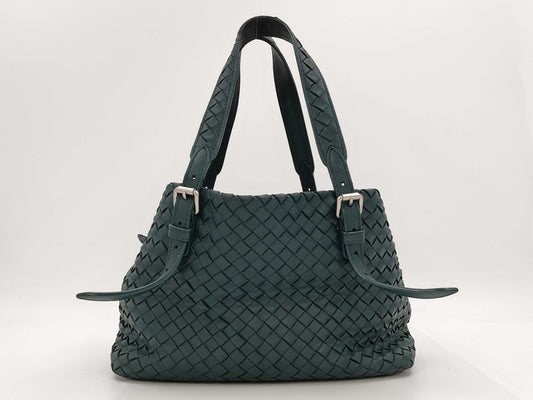 BOTTEGA VENETA Intrecciato Tote Bag in Dark Green Leather. Can be worn over the shoulder. Authentic Women's Handbag.