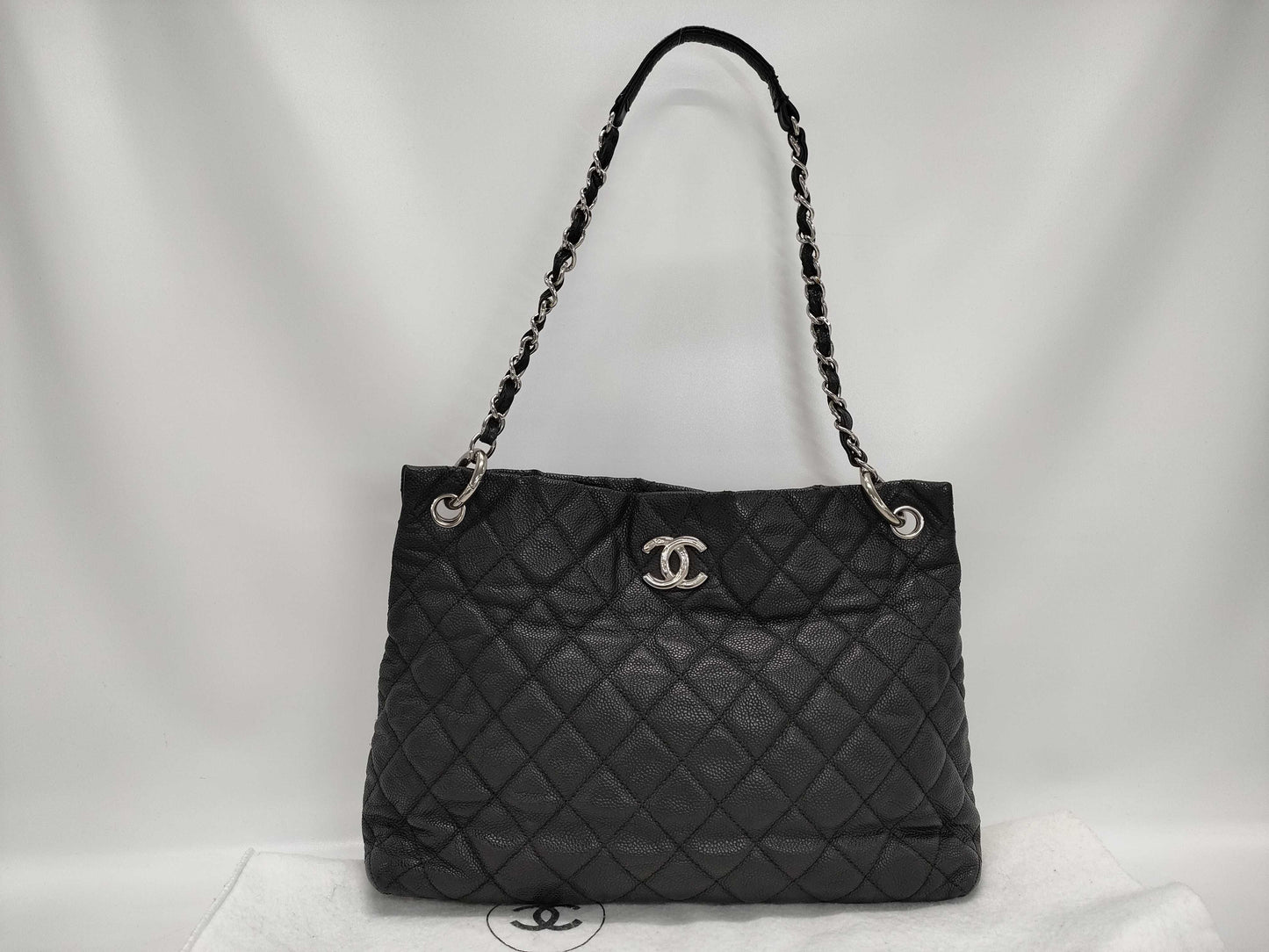 CHANEL Matelasse Tote Bag, Black with Silver Hardware, Caviar Leather, Size 19