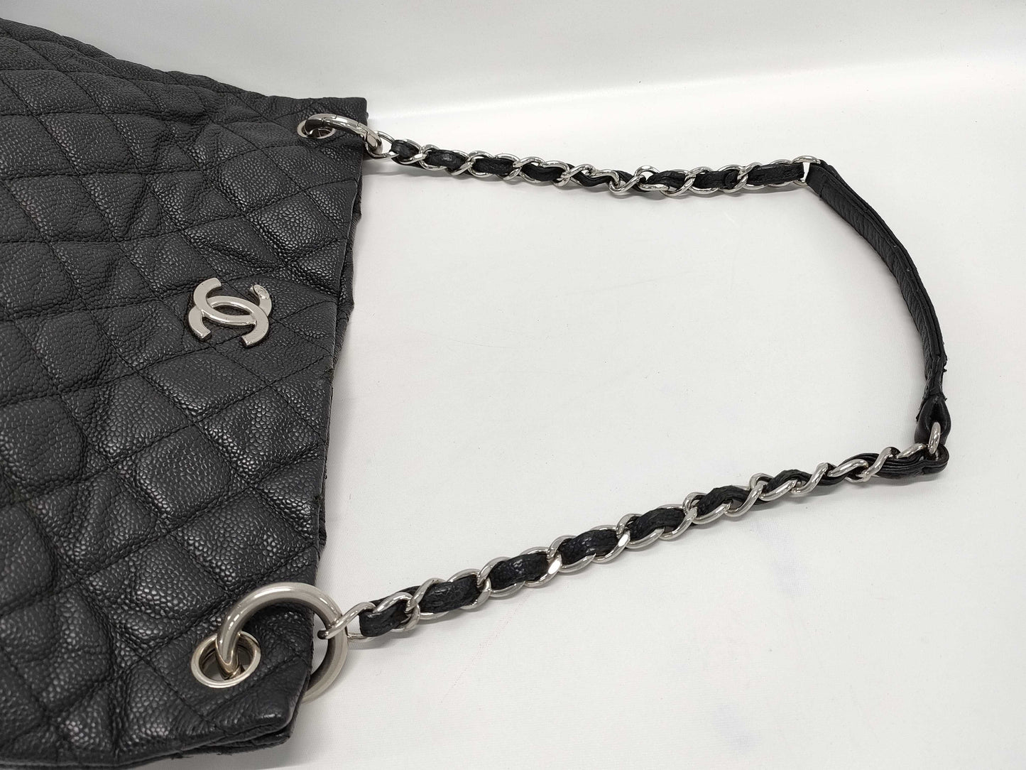 CHANEL Matelasse Tote Bag, Black with Silver Hardware, Caviar Leather, Size 19