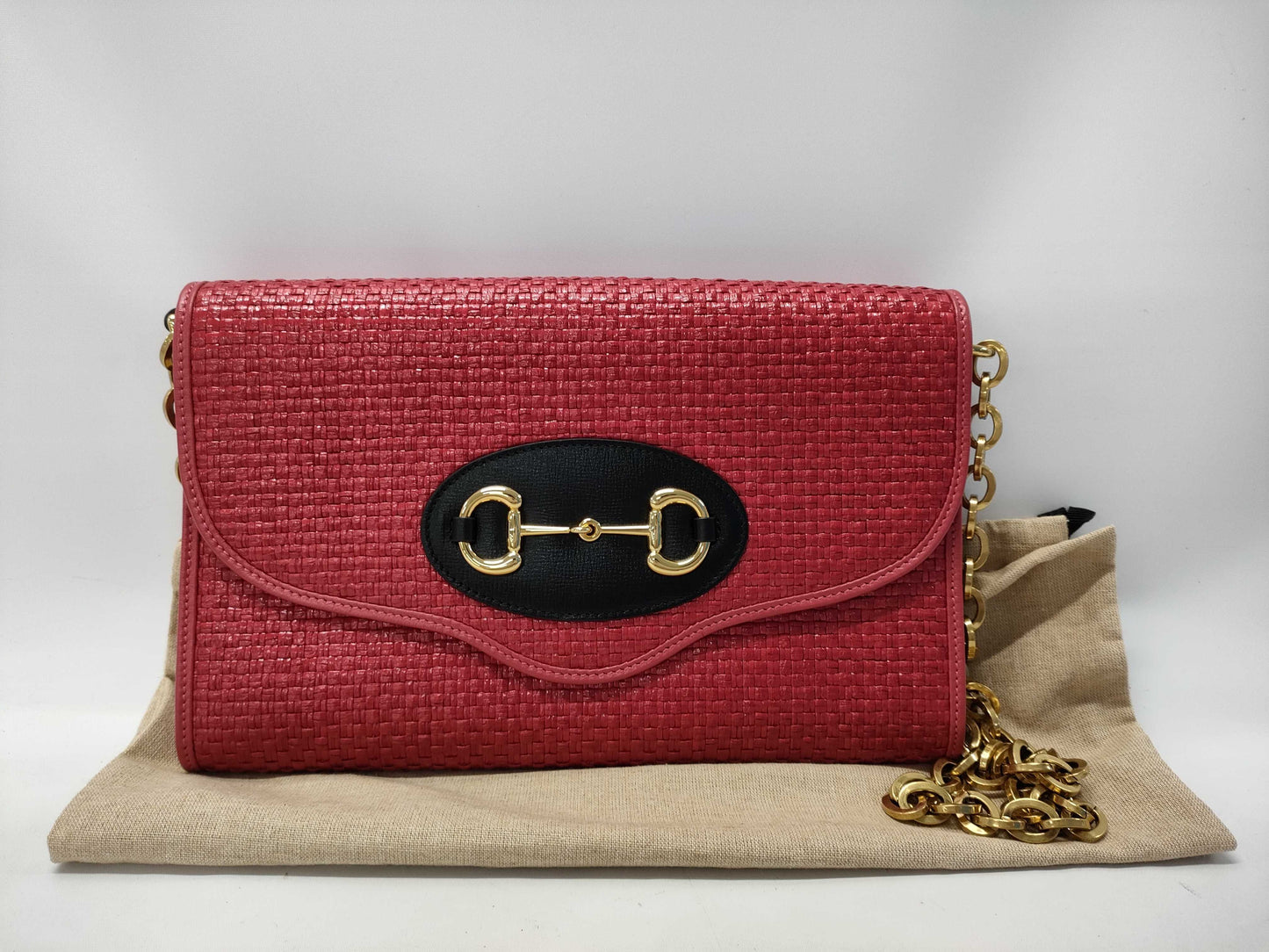 GUCCI Horsebit Straw Leather Red 655667 Chain Shoulder Bag