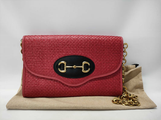 GUCCI Horsebit Straw Leather Red 655667 Chain Shoulder Bag