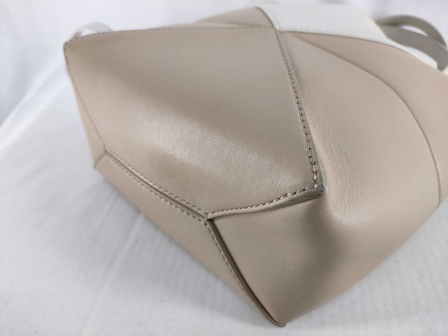 LOEWE Puzzle Fold Mini Tote Bag in Shiny Calfskin, White and Beige