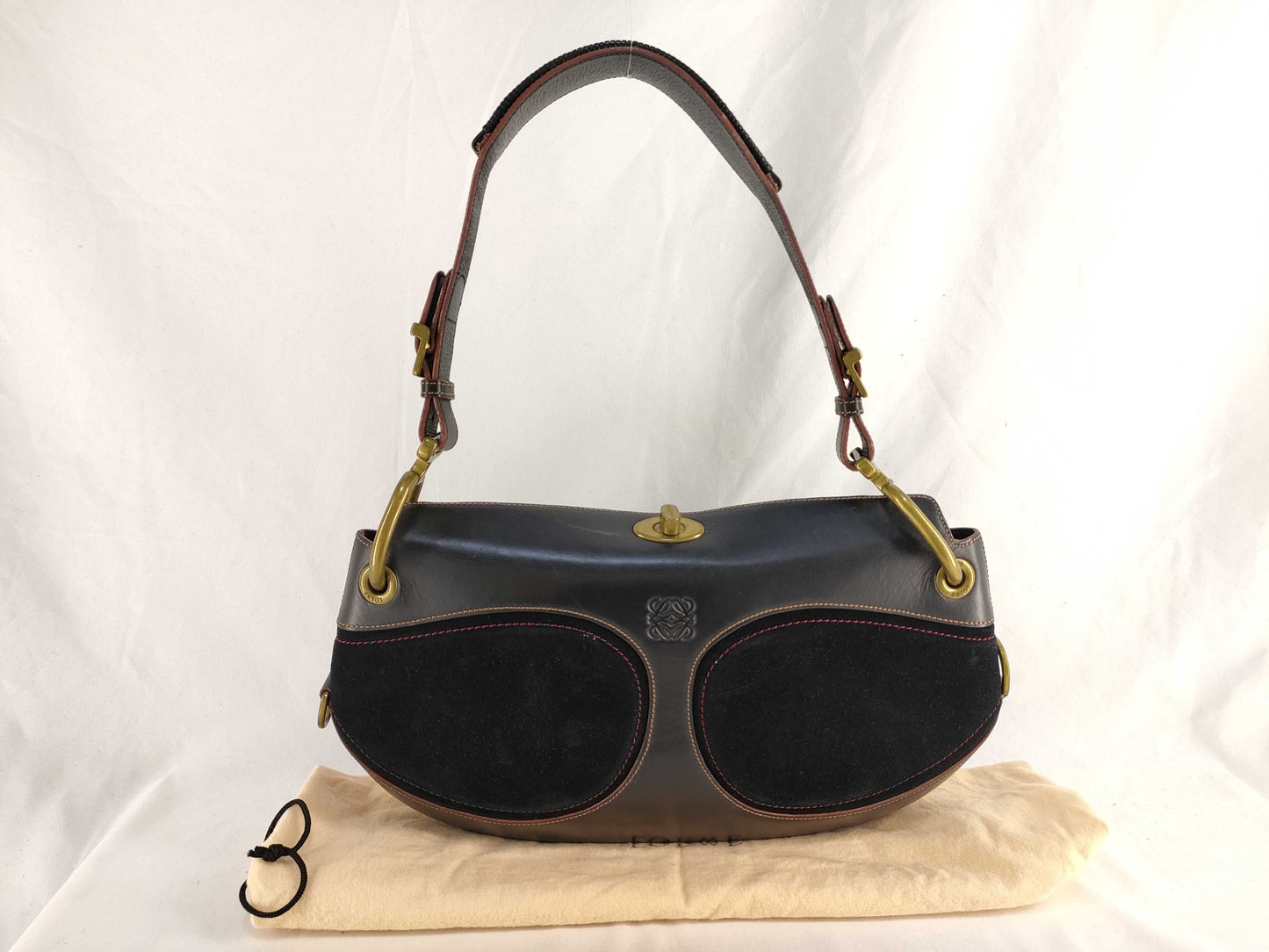 LOEWE Anagram Turnlock Shoulder Bag in Leather and Suede, Black