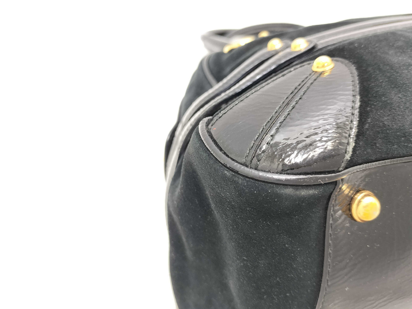 GUCCI Bamboo Boston Bag with Horsebit Pattern in Black Suede and Leather