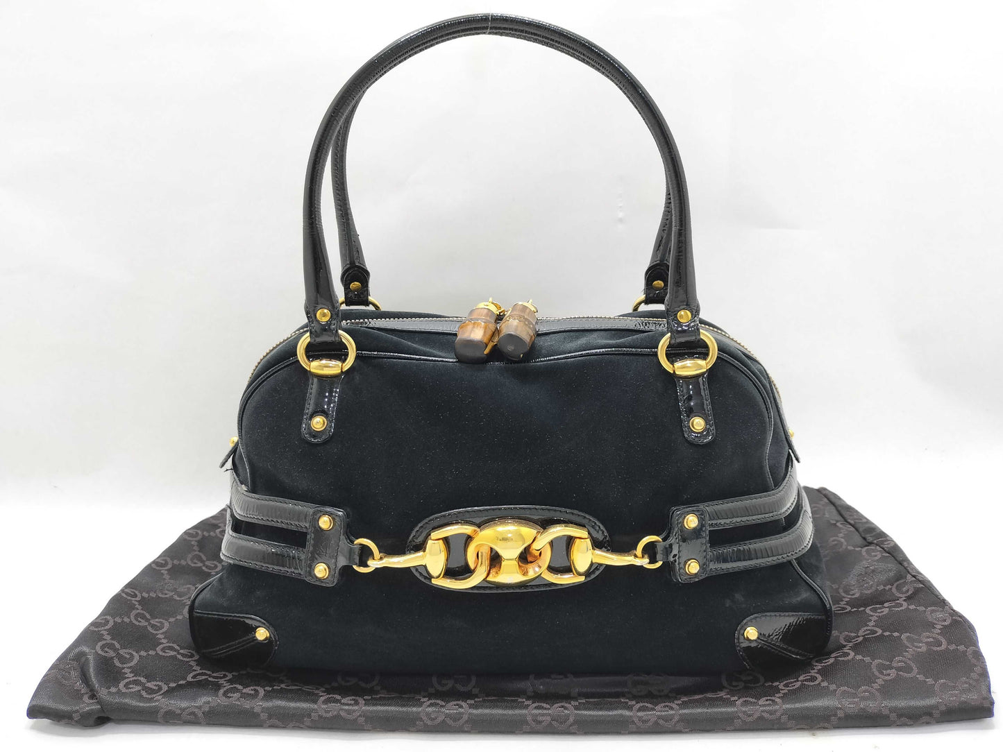 GUCCI Bamboo Boston Bag with Horsebit Pattern in Black Suede and Leather