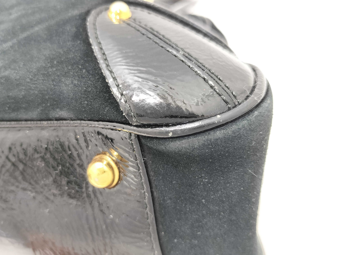 GUCCI Bamboo Boston Bag with Horsebit Pattern in Black Suede and Leather