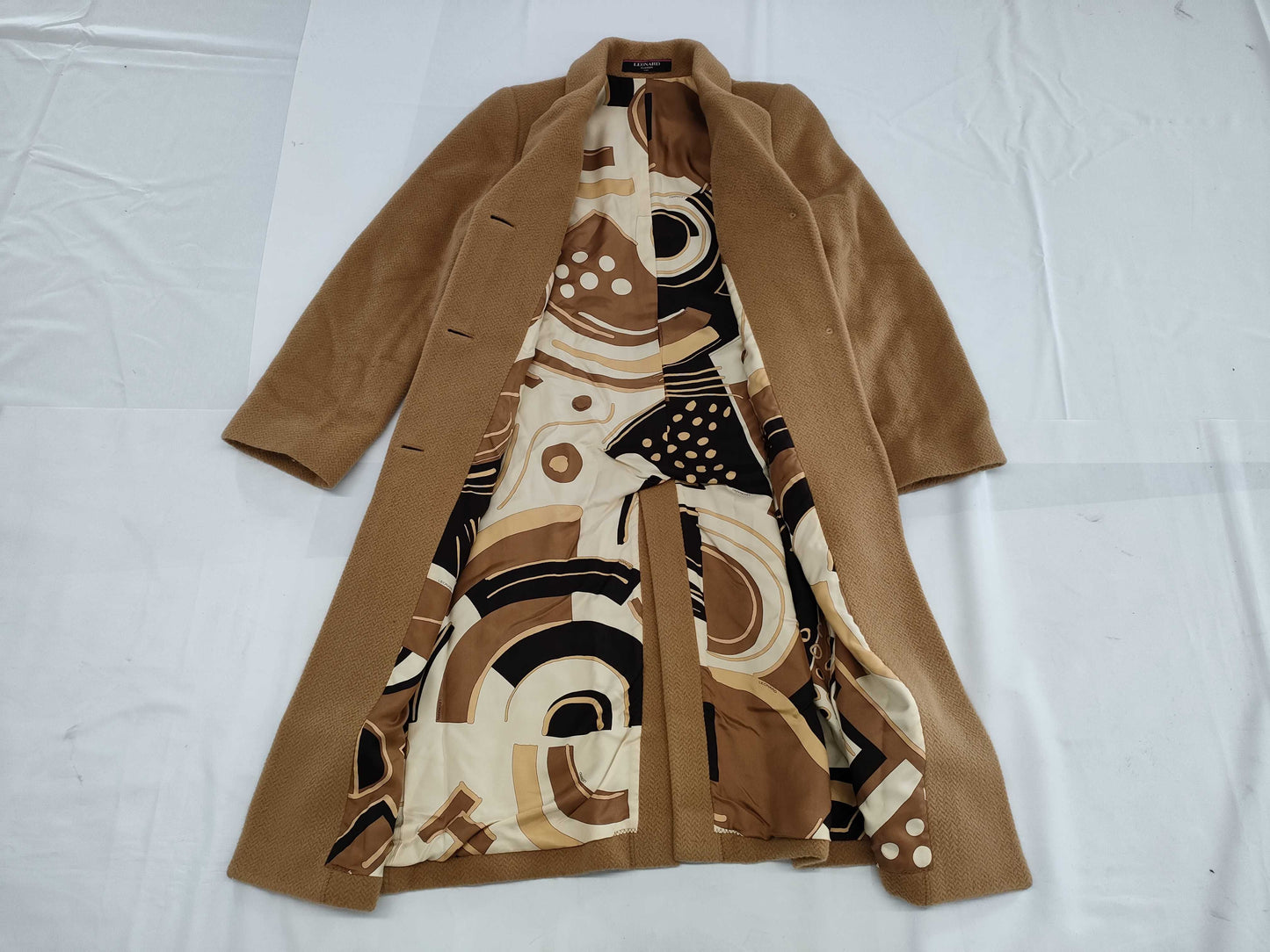 LEONARD Belted Coat with All-Over Print Lining, Size 9AR