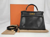 HERMES Kelly 32 Handbag, Black Box Calf Leather with E Stamp and Gold Hardware