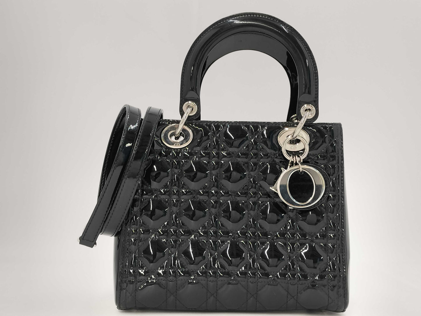 Dior Lady Dior Black Enamel Handbag