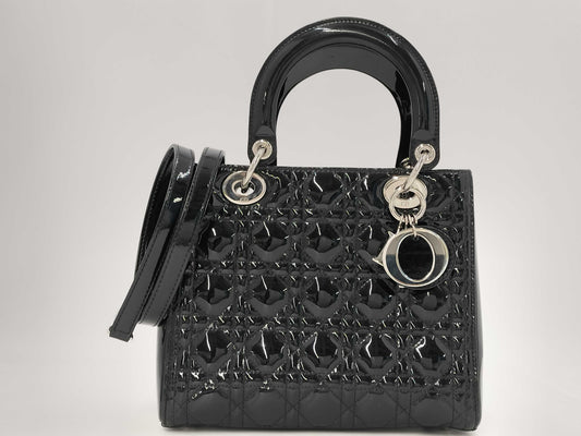 Dior Lady Dior Black Enamel Handbag