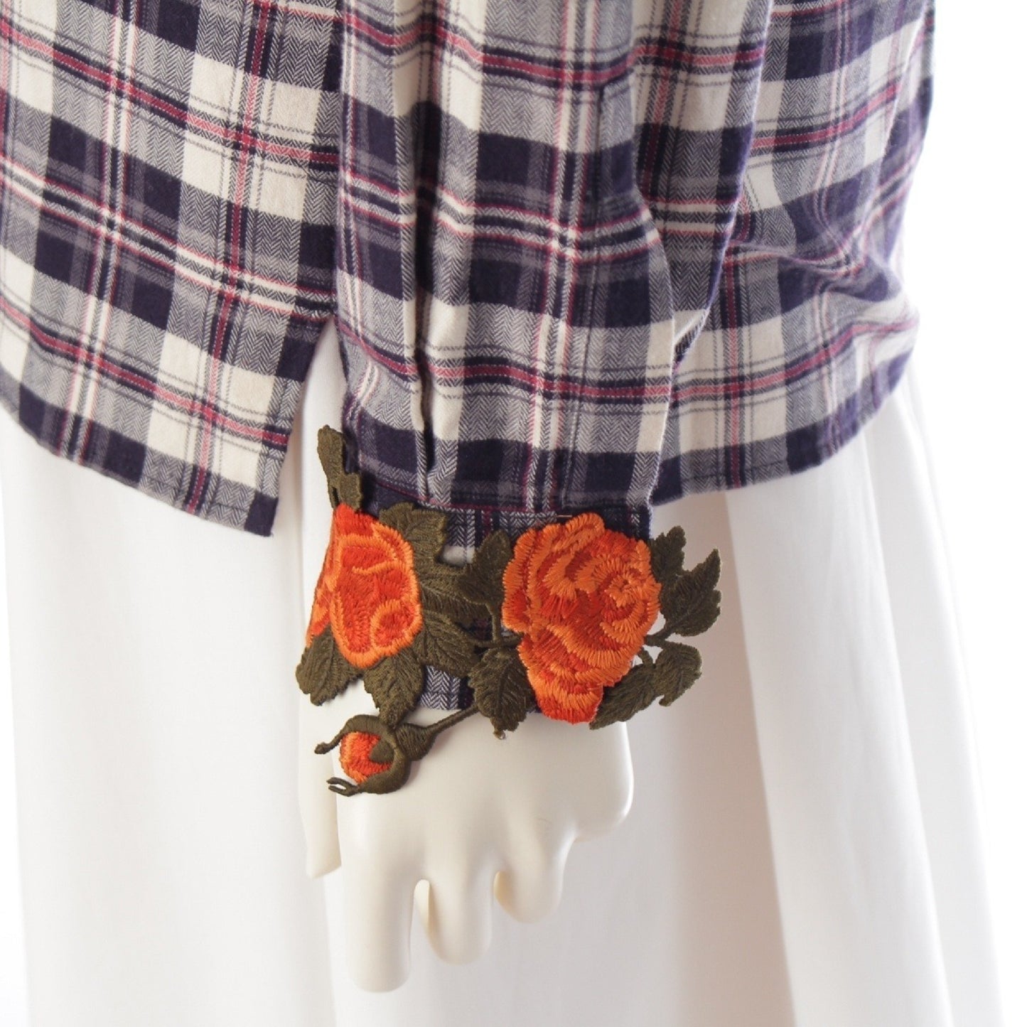 GUCCI Floral Embroidered Check Flannel Long Sleeve Shirt, Navy, Size 36