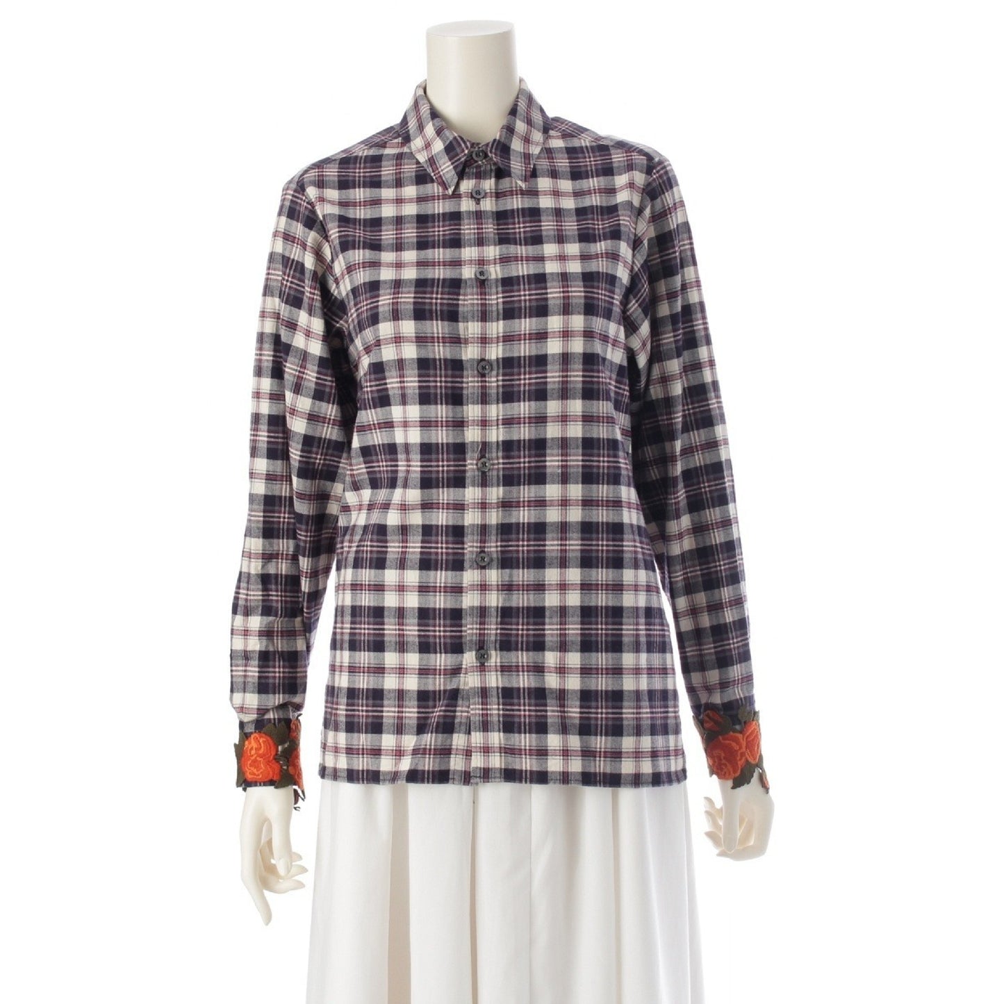 GUCCI Floral Embroidered Check Flannel Long Sleeve Shirt, Navy, Size 36