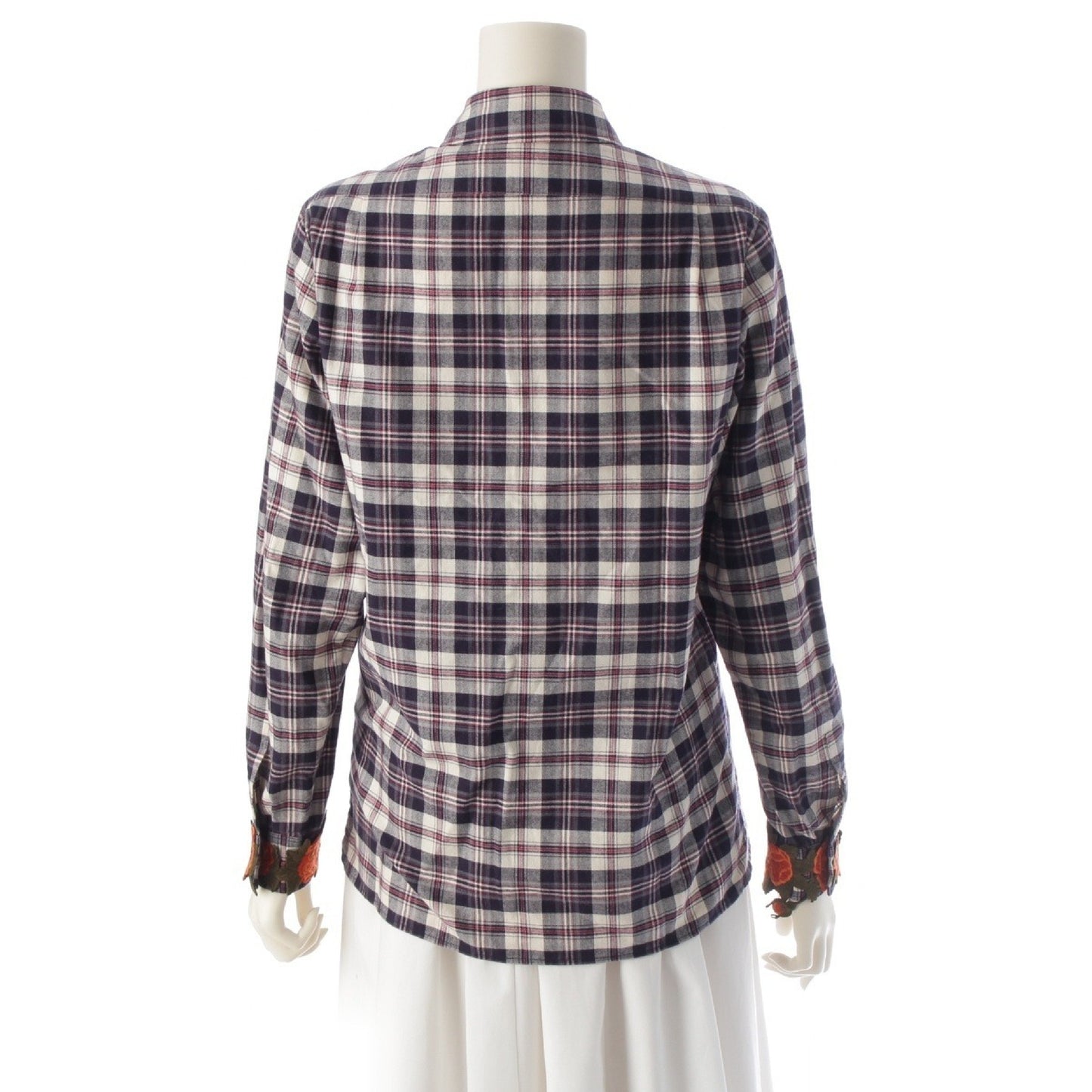 GUCCI Floral Embroidered Check Flannel Long Sleeve Shirt, Navy, Size 36