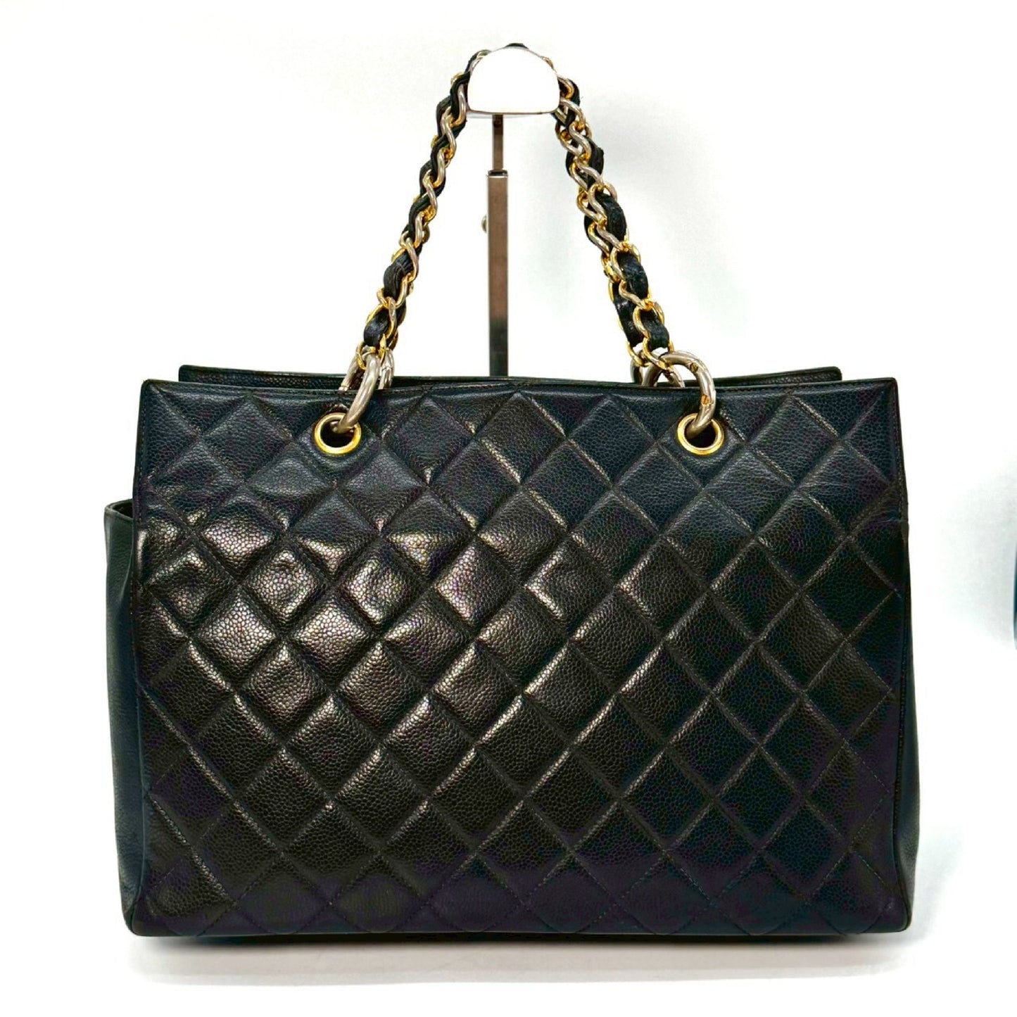 CHANEL Matelasse Coco Mark Caviar Leather Chain Tote Bag Black with Serial Seal Remnants