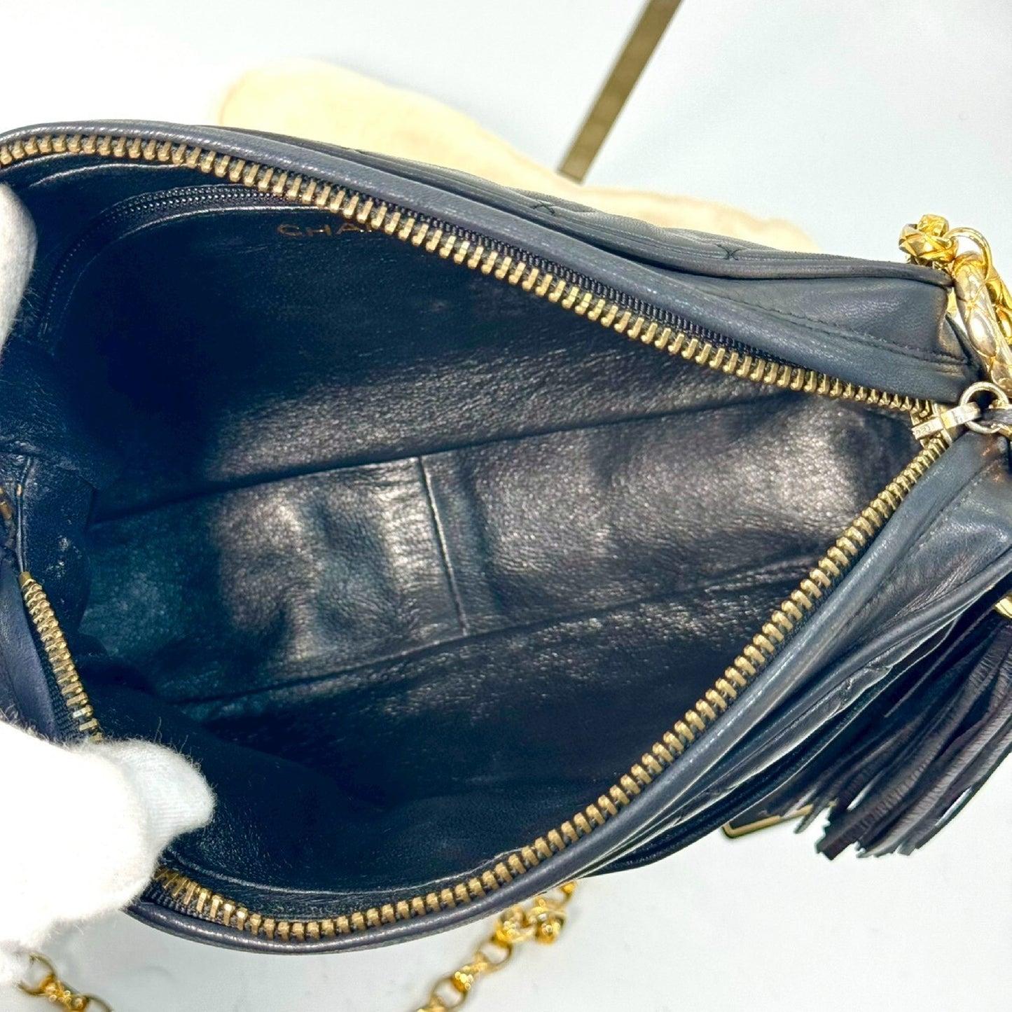 CHANEL Matelasse Lambskin Fringed Jeweled Chain Shoulder Bag, Black, 2084814, No Serial Number Seal, Comes with Guarantee Card