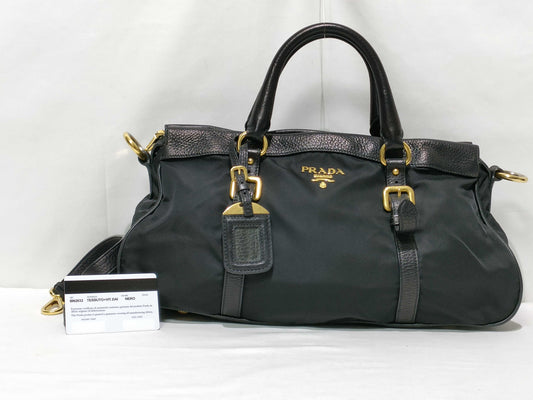 PRADA Nylon SG-Prada Nylon & Leather 2 Way Handbag Black BN2032 Handbag