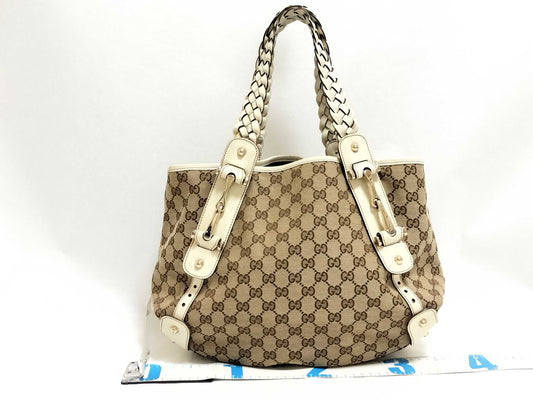 GUCCI GG Canvas Gucci GG Canvas Canvas x Leather Handbag Beige x White 162900 Handbag