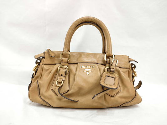 PRADA ID-Prada Cervo Leather Handbag Brown w/o Strap Handbag