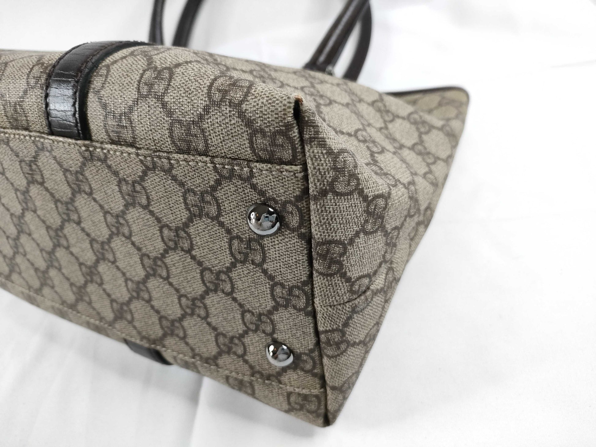 GUCCI GG Supreme Gucci GG Supreme PVCx Leather Tote Bag Beige x Brown 114595 Tote Bag