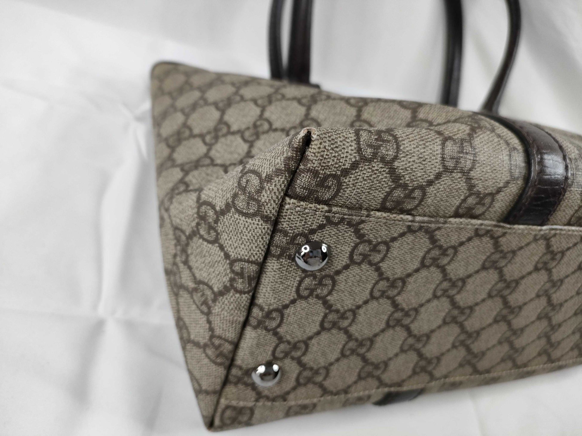 GUCCI GG Supreme Gucci GG Supreme PVCx Leather Tote Bag Beige x Brown 114595 Tote Bag