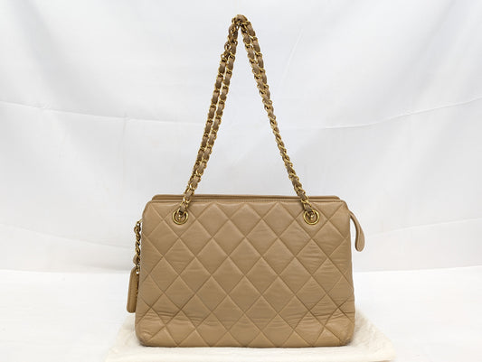 CHANEL Lambskin Chain Tote Beige Tote Bag