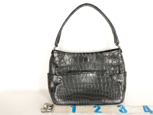 JRA Woven Tag, Center Cut Crocodile Leather, Real Crocodile Leather, One-Shoulder Bag, Handbag, Leather, Black, Shoulder Bag