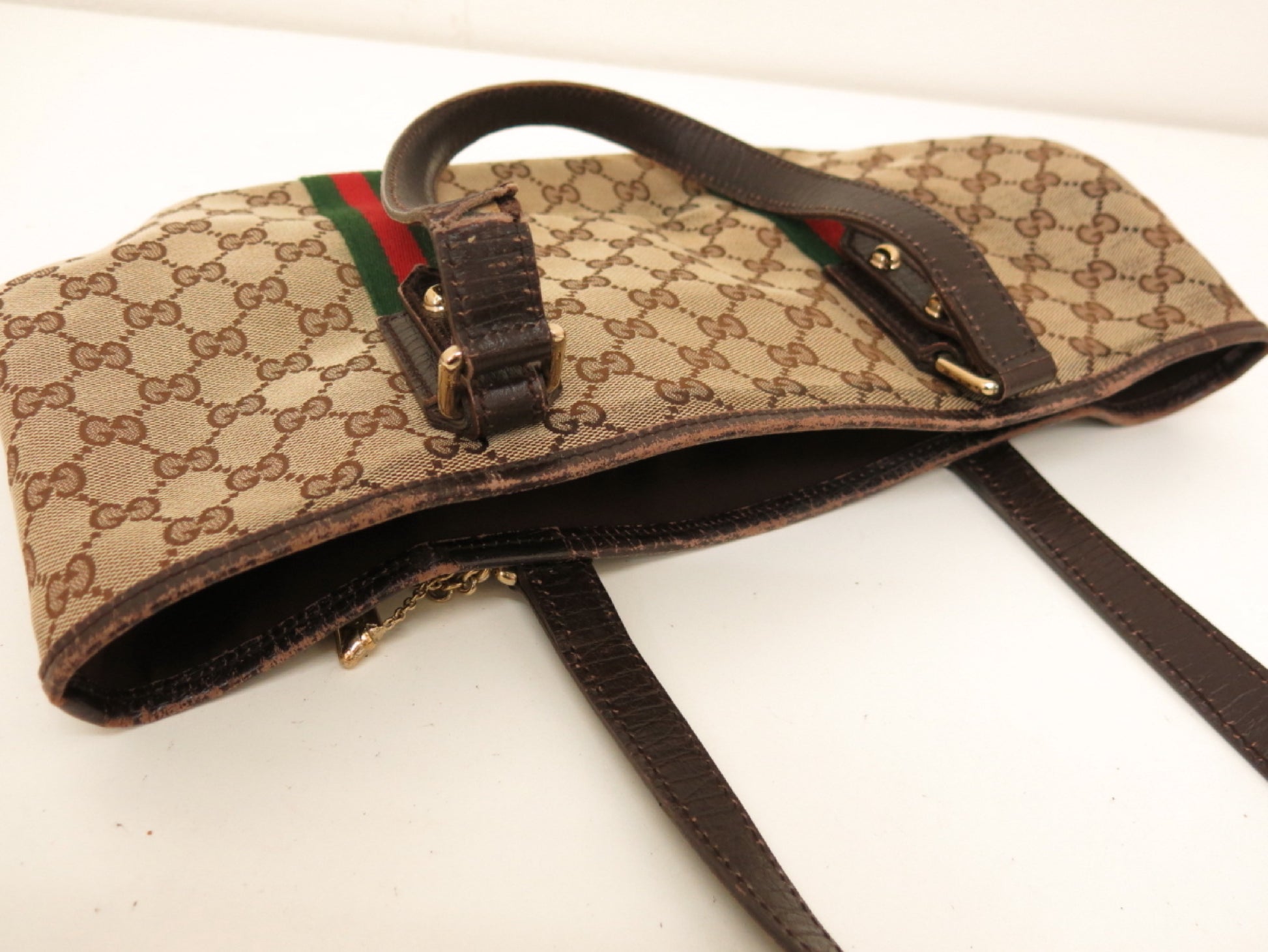 GUCCI GUCCI Gucci 3-Point Sherry GG Canvas and Calf Leather Hand Tote Bag Brown Beige