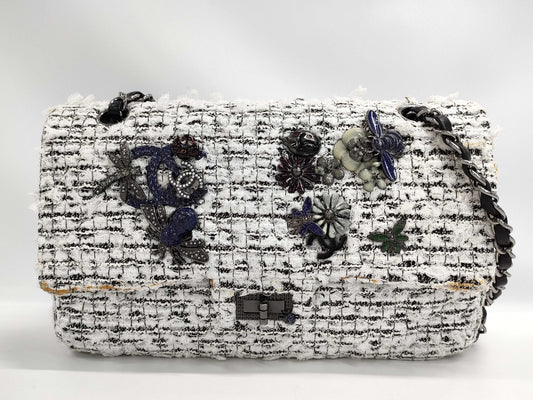 CHANEL 2.55 Double Flap Chain Shoulder Bag in Tweed and White SS