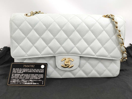 CHANEL Double Flap Caviar Ice Blue GP Shoulder Bag