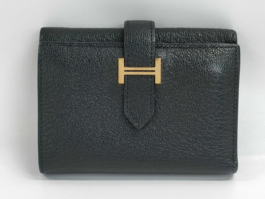 HERMES Bearn Combination Chevre Black GP B Stamped Wallet