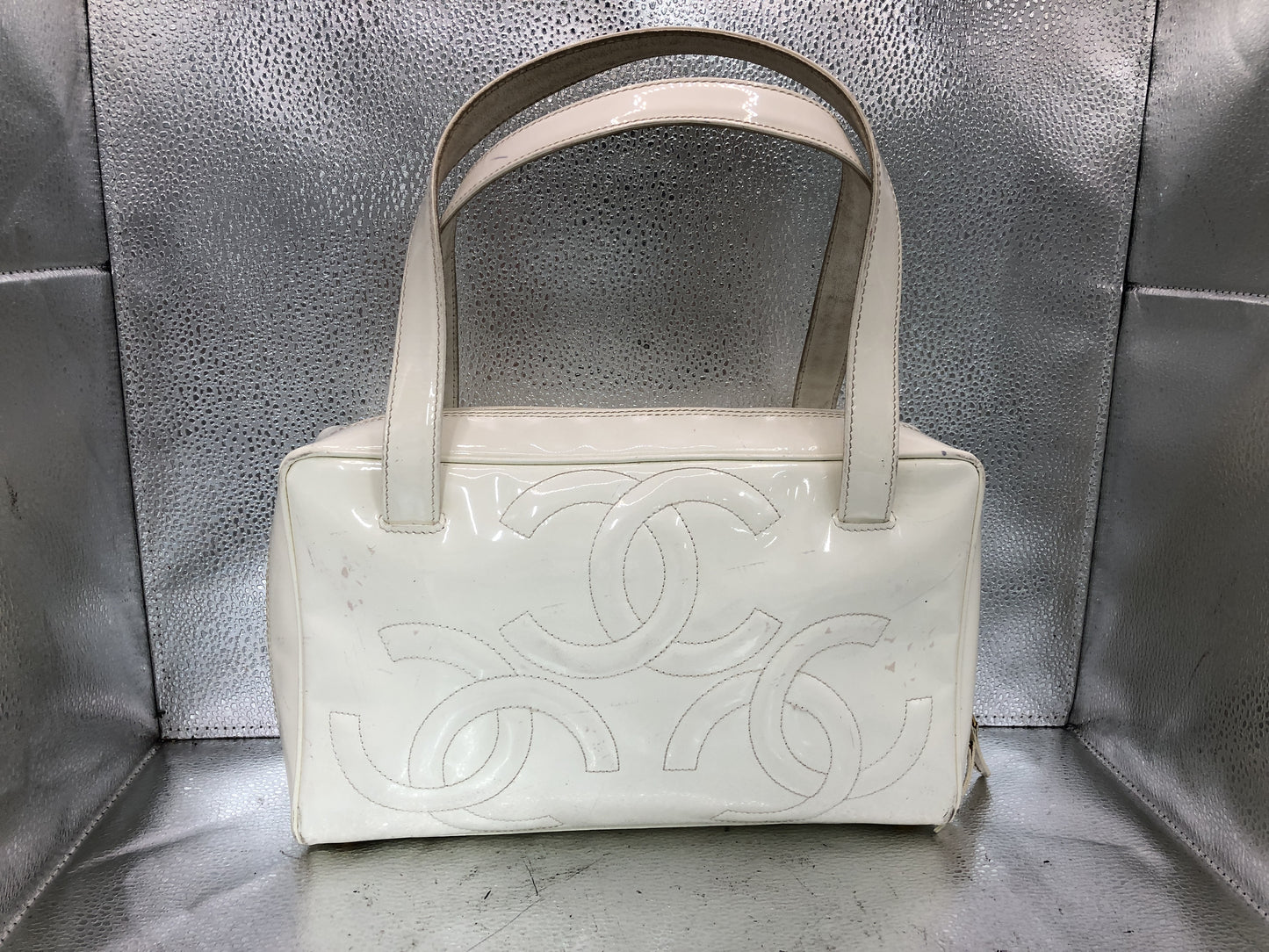 CHANEL Triple Coco Handbag with Seal 9567888 Patent Leather White Bag