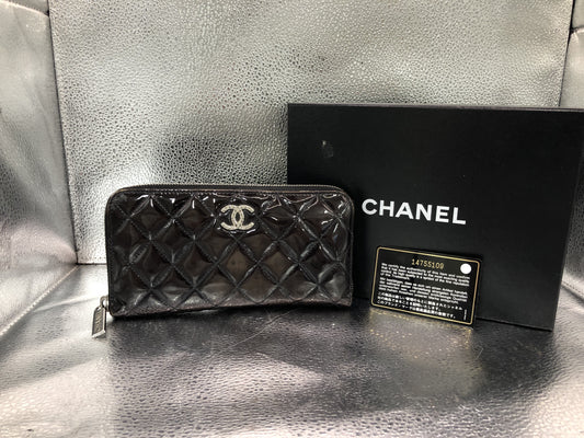 CHANEL Matrasse Brilliant Long Round Zipper Wallet with Seal 14755109 Guarantee Card with Box Patent Leather Noir Wallet