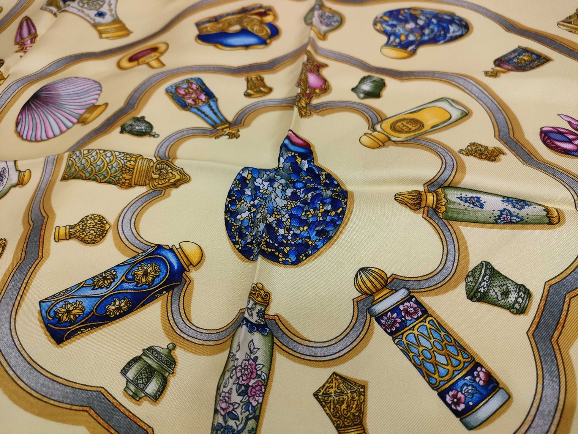 HERMES Carre Hermes Carre 90 Perfume Bottle Silk Scarf Yellow Scarf