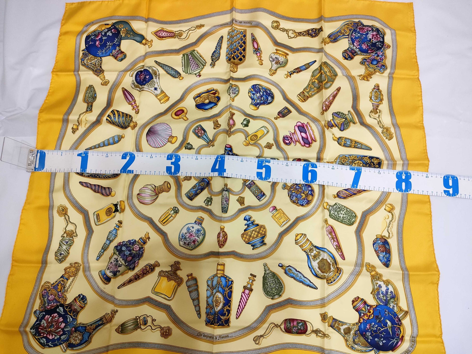 HERMES Carre Hermes Carre 90 Perfume Bottle Silk Scarf Yellow Scarf