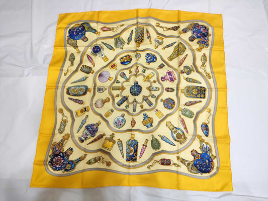 HERMES Carre Hermes Carre 90 Perfume Bottle Silk Scarf Yellow Scarf
