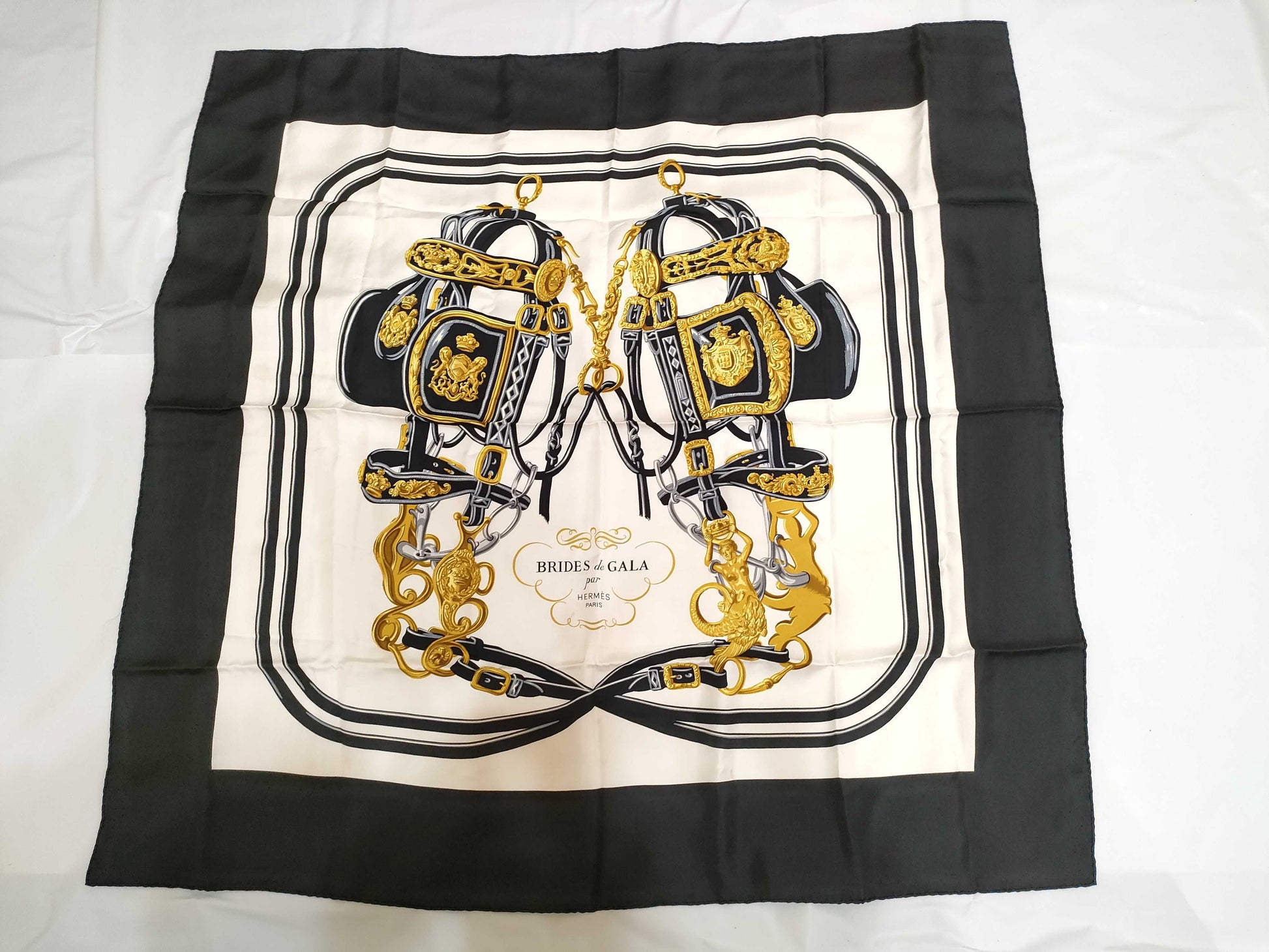 HERMES Carre Hermes Carre 90 BRIDES de GALA Silk Scarf Black x White Scarf