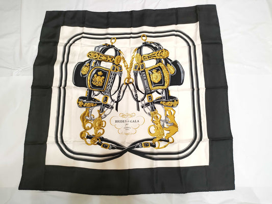 HERMES Carre Hermes Carre 90 BRIDES de GALA Silk Scarf Black x White Scarf