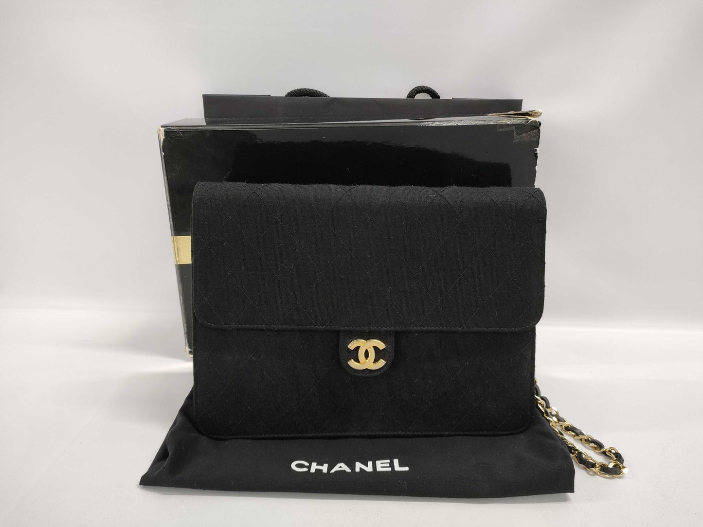 CHANEL Matelasse Cotton Jersey Chain Shoulder Bag Black