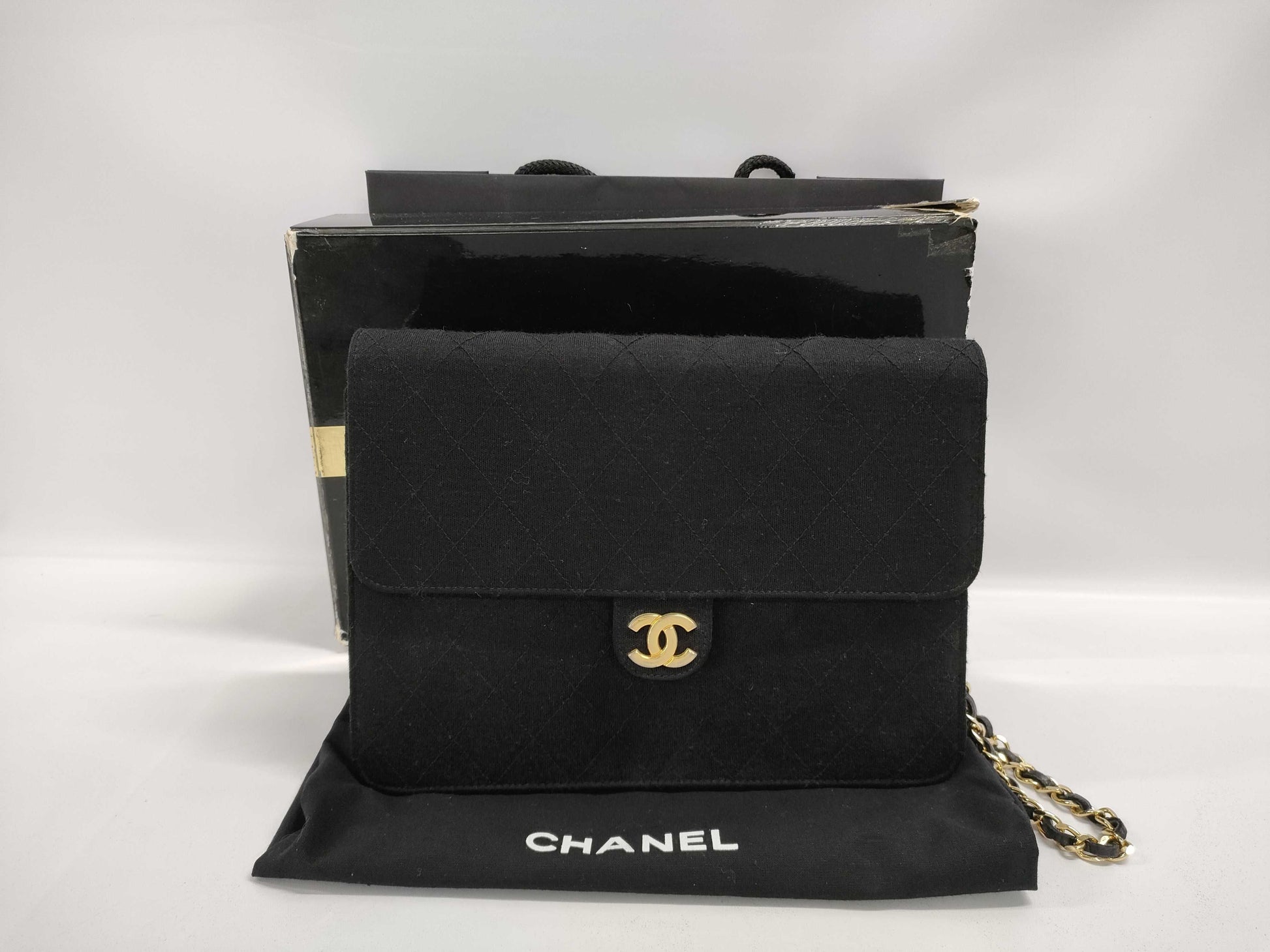 CHANEL Matelasse Cotton Jersey Chain Shoulder Bag Black
