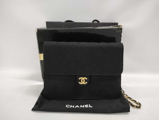 CHANEL Matelasse Cotton Jersey Chain Shoulder Bag Black